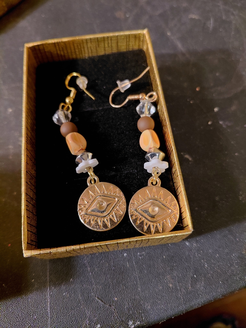 Gold Eye Charm Beaded Drop Earrings - Brown & White Beads
